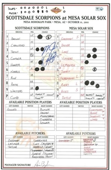2011 Mike Trout & Bryce Harper Dual Signed Scottsdale Scorpions Game Used Lineup Card (MLB Authenticated) 